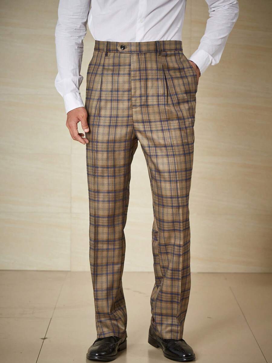 Calvornis Men Plus Plaid Print Slant Pocket Suit Pants - Bronze - View 1