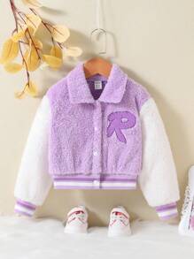 SHEIN Young Girl Letter Patched Striped Trim Colorblock Flannelette Jacket - Mauve Purple - View 1