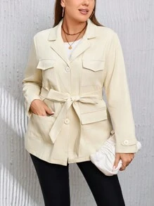 SHEIN Privé Plus Flap Pocket Belted Coat - Beige - View 3