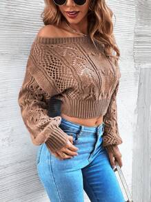 Chiquease 露肩镂空针织短款毛衣、长袖上衣