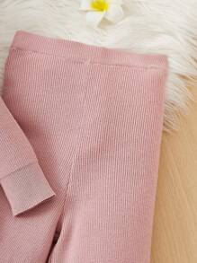 SHEIN Young Girl Solid Raglan Sleeve Sweater & Knit Pants & Scarf - Pink - View 6
