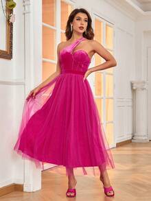 Double Crazy One Shoulder Mesh Overlay Cocktail Dress - Hot Pink - View 3