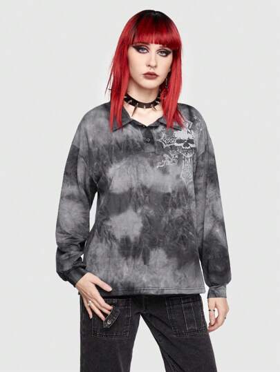 Goth Skull & Cross Print Tie-Dye Half Button Sweatshirt