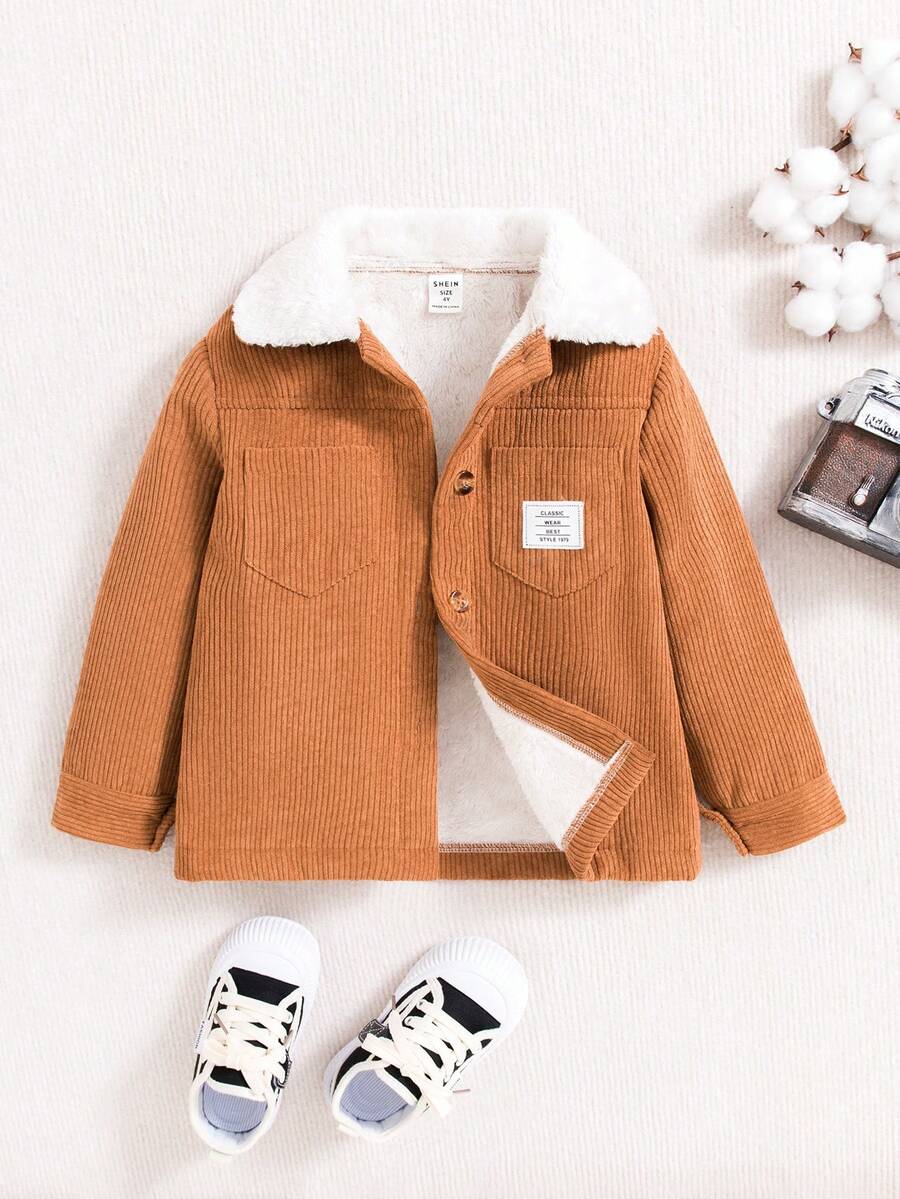 SHEIN 男小童字母補丁細節羊絨領口加絨內裏外套