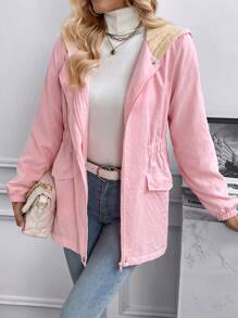 SHEIN Unity Flap Pocket Elastic Waist Hooded Coat - Pink - View 3