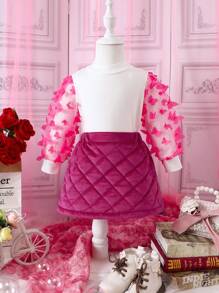 女嬰網紗拼接小高領T恤&衍縫半身裙 - 粉色 - 查看 1