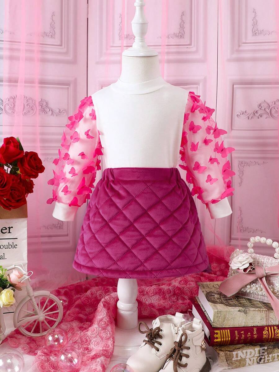 女嬰網紗拼接小高領T恤&衍縫半身裙 - 粉色 - 查看 1