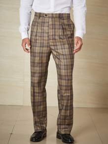 Calvornis Men Plus Plaid Print Slant Pocket Suit Pants - Bronze - View 5