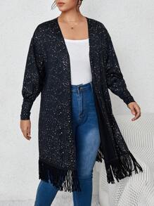 SHEIN Franclia 大碼斑點印花流蘇下擺開門襟外套 - 黑色 - 查看 1