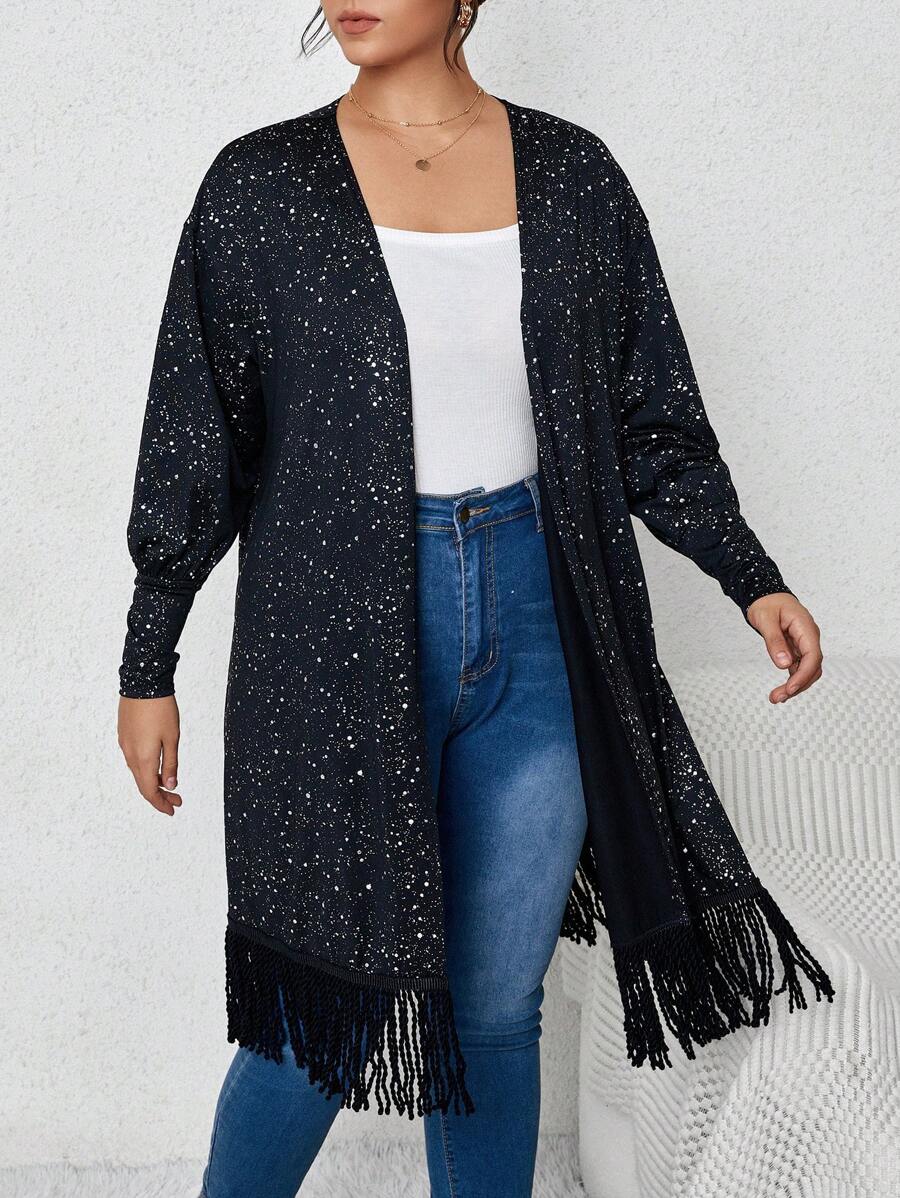 SHEIN Franclia 大碼斑點印花流蘇下擺開門襟外套 - 黑色 - 查看 1