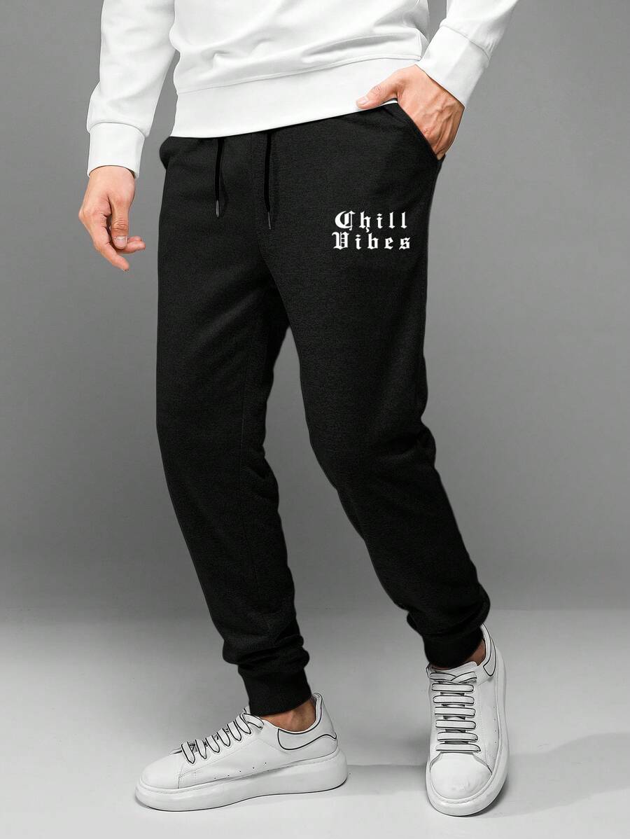 RueChic Men Letter Graphic Drawstring Waist Sweatpants - Black - View 1