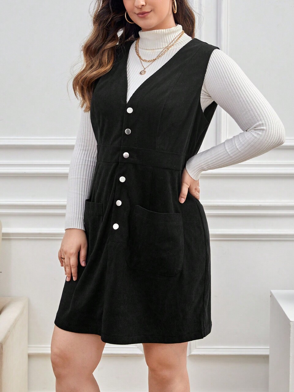 Plus Button Front Patch Pocket Dress Without Sweater