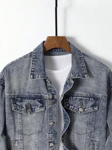 Chico adolescente Cazadora mezclilla con slogan con diseño de parche desgarro sin camiseta - Azul lavado medio - Ver 7