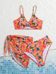 Teen Girl Floral Print Bikini Set With Beach Skirt Summer Beach - Multicolor - View 4