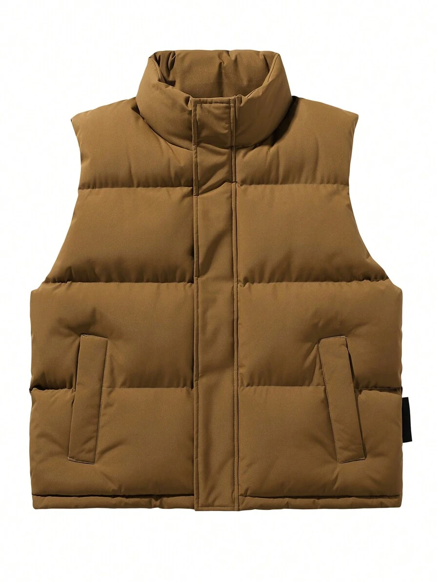 Men Solid Zip Up Puffer Gilet - Brown - View 1