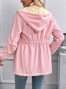 SHEIN Unity Flap Pocket Elastic Waist Hooded Coat - Pink - View 2