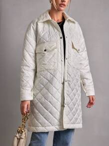 SHEIN Cottnline Flap Pocket Drop Shoulder Quilted Coat - White - View 3