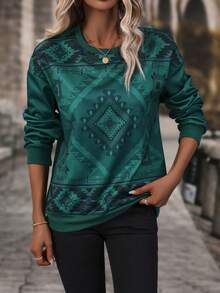 EMERY ROSE Sudadera con estampado geométrico de hombros caídos - Verde - Ver 6