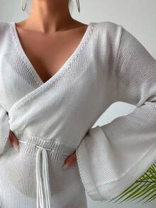 腰部抽繩交疊領罩衫洋裝不附比基尼 - 白色 - 查看 4