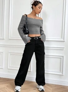 Flirla Foldover Off Shoulder Flounce Sleeve Crop Sweater,Long Sleeve Tops Knit Pullover Fall Winter Outfit - Grey - View 6