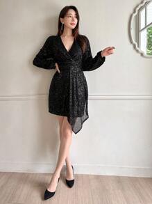 Dazy Star Đầm quấn sequin cổ chữ V tay phồng đính sequin, đầm dạ hội, đầm dự tiệc cho nữ, đầm mùa thu, đầm dự tiệc Homecoming, đầm dự lễ hội cho nữ, đầm lấp lánh cho lễ hội hóa trang. - màu đen - Xem 6