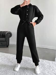 EURMUSE Solid Drop Shoulder Shirt Jumpsuit - Black - View 1