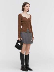 雞心領口前紐扣開襟衫 - 棕色 - 查看 3