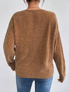 SHEIN Essnce 前扭結落肩袖套頭毛衣 - 棕色 - 查看 2
