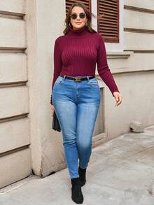 EMERY ROSE 大碼高領鈕扣袖口套頭毛衣 - 中紫紅色 - 查看 4