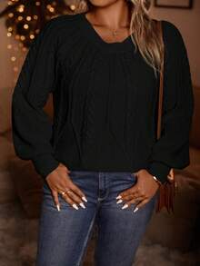 SHEIN LUNE 大碼麻花編織插肩袖套頭毛衣 - 黑色 - 查看 8