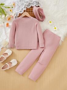 SHEIN Young Girl Solid Raglan Sleeve Sweater & Knit Pants & Scarf - Pink - View 3