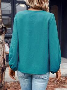 SHEIN LUNE Chất rắn Tay áo lồng đèn Áo sơ mi - Màu xanh lam - Xem 6