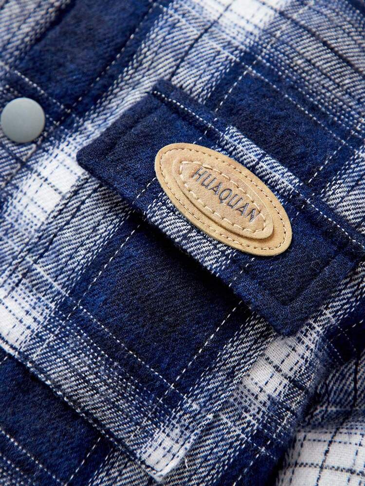 Baby Boy Plaid Print Letter Patched Hooded Coat