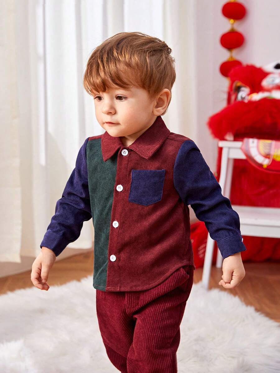 SHEIN Baby Boy 1pc Colorblock Patched Pocket Shirt SHEIN UK