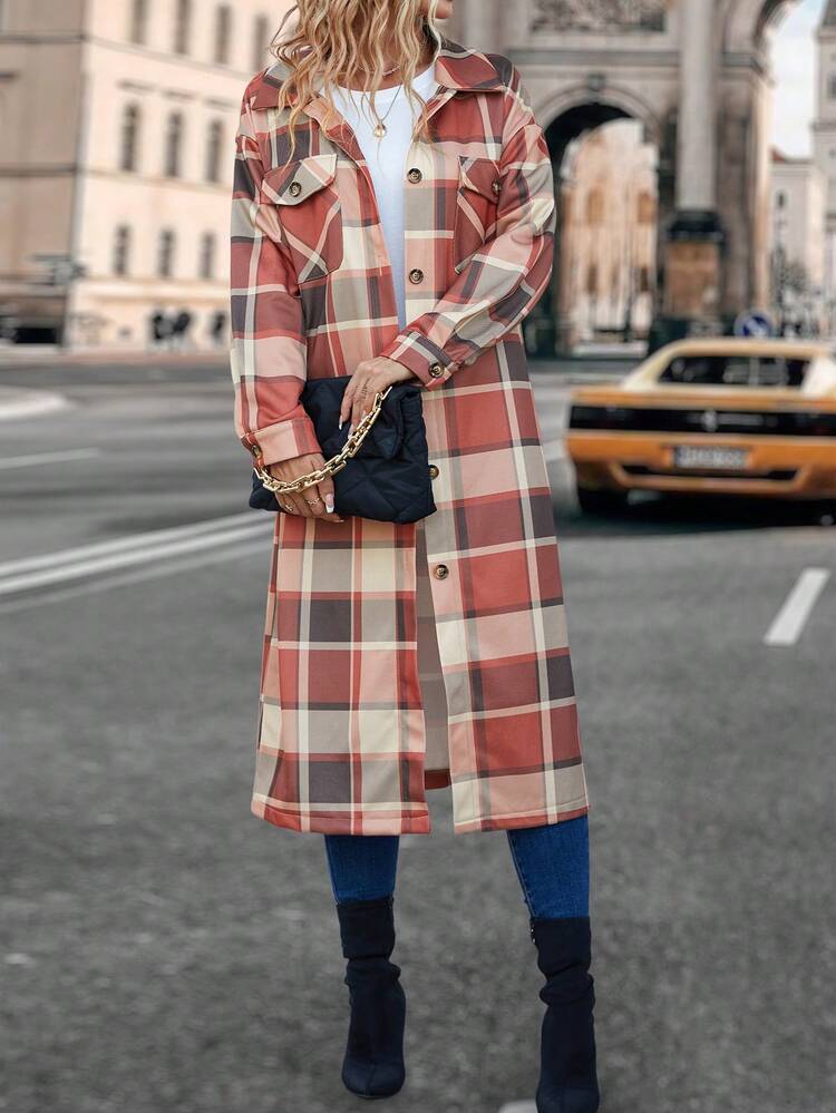 Plaid Print Drop Shoulder Flap Pocket Coat