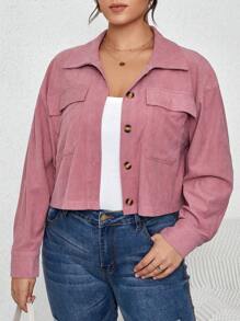 SHEIN Franclia 大碼翻蓋口袋落肩袖燈芯絨夾克 - 粉色 - 查看 2