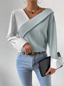 Chiquease Two Tone Asymmetrical Neck Blouse - Blue - View 4
