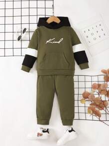 Kleiner Junge Jogginghose & Hoodie Buchstaben Grafik, Kontrast Einsatz,