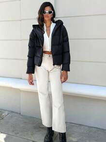 EURMUSE Women'S Zip-Up Hooded Padded Jacket - Black - View 5