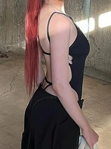 SHEIN EZwear Crisscross Backless Halter Bodysuit - Black - View 3