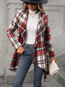 SHEIN LUNE Plaid Print Asymmetrical Hem Belted Coat - Red - View 6
