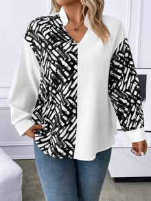 SHEIN LUNE Plus Graphic Print Drop Shoulder Notched Neckline Blouse - Multicolor - View 5