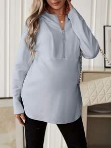 SHEIN 孕婦半拉鏈插肩袖連帽衛衣 - 杏色 - 查看 4