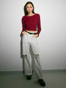 Muchica 木耳邊羅紋針織T恤 - 酒紅色 - 查看 4