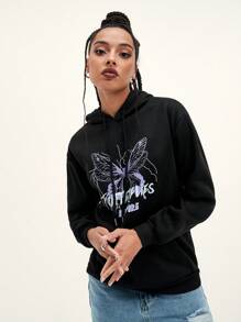 SHEIN EZwear Butterfly & Letter Graphic Hoodie - Black - View 4
