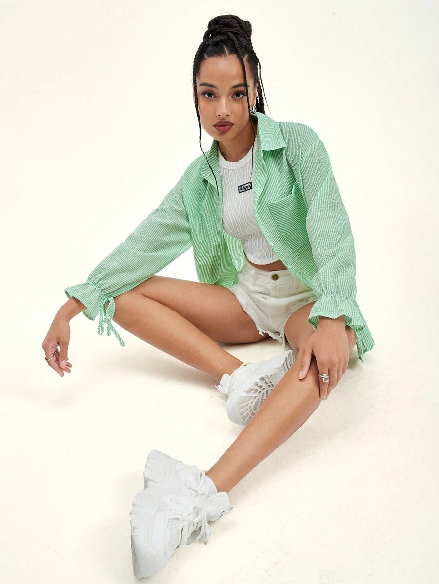 INAWLY Flounce Sleeve Pocket Patched Shirt - Mint Green - View 1