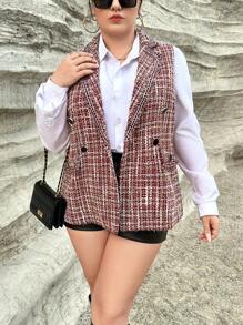 SHEIN Privé Plus Plaid Double Breasted Vest Tweed Jacket - Multicolor - View 5