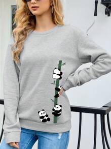 SHEIN EZwear 熊貓印花落肩袖運動衫 - 淺灰色 - 查看 1