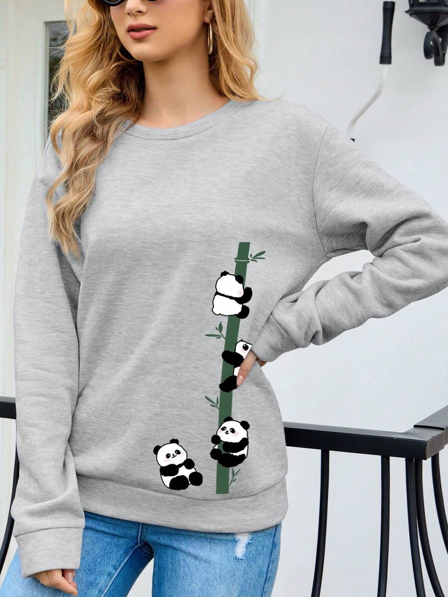 SHEIN EZwear 熊貓印花落肩袖運動衫 - 淺灰色 - 查看 1