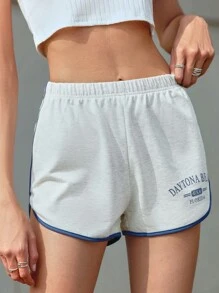 SHEIN Unity Pantalones Cortos de Mujer Ribete en contraste Letras Deportivo - Gris Claro - Ver 4